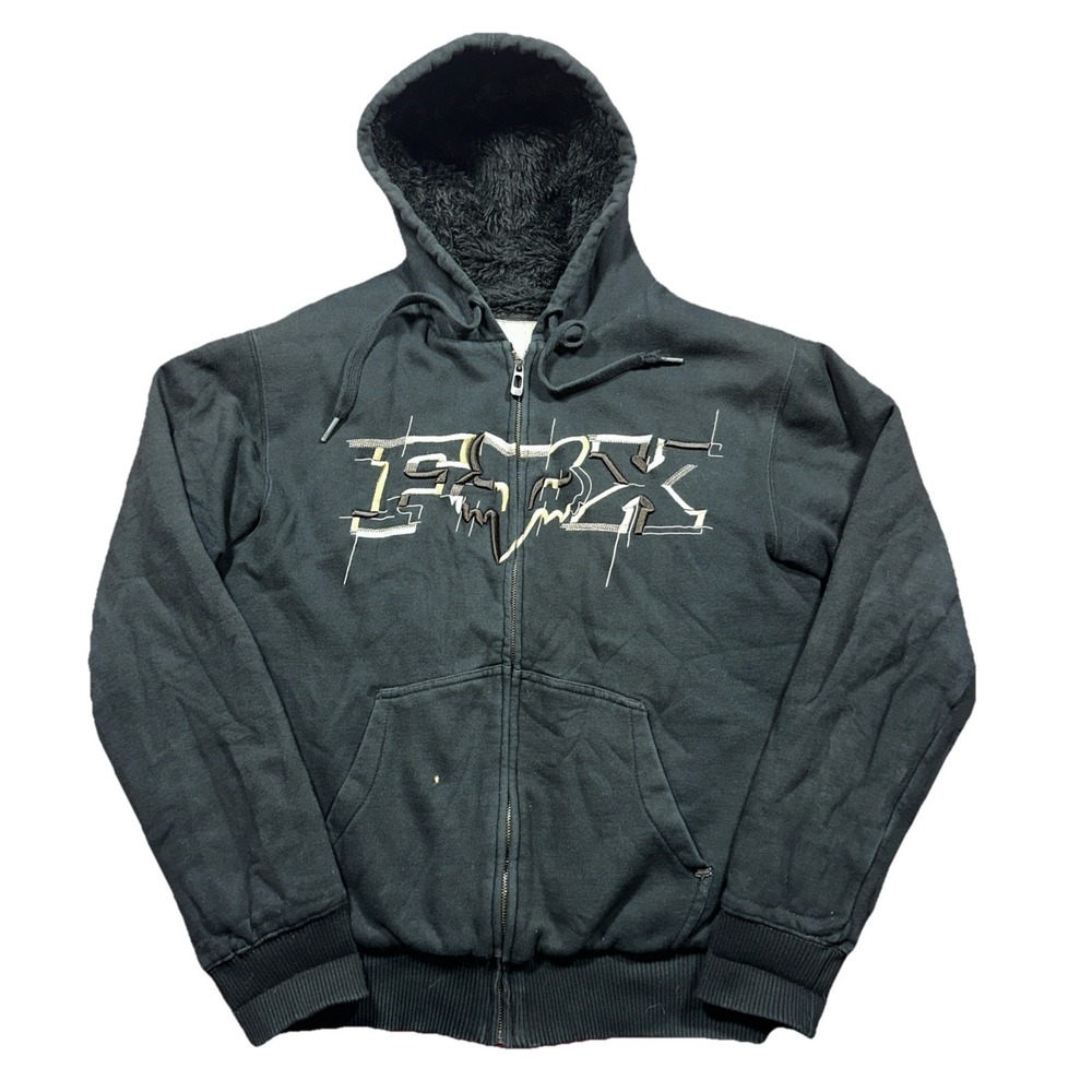 Fox Racing Hoodie Jacket Mens Medium Black Sasquatch Fur Sherpa Lined Y2K Moto